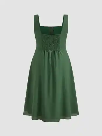 Linen-blend Square Neck Button Through Shirred Midi Dress Curve & Plus
