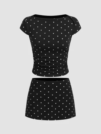 Baumwollmischung Bootshals Trikot mit Punktmuster und geriffeltem Mini-Skort