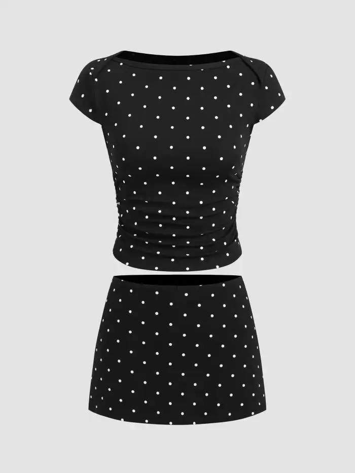 Jersey Cotton-blend Halter Neckline Polka Dot Ruched Layered Mini Dress For Daily Casual
