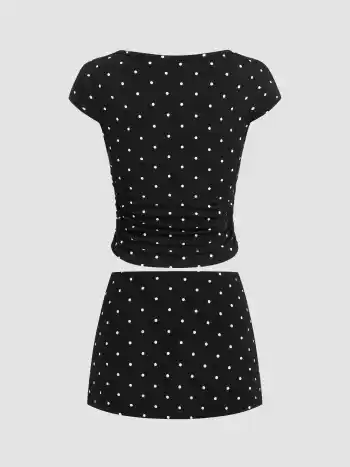 Baumwollmischung Bootshals Trikot mit Punktmuster und geriffeltem Mini-Skort