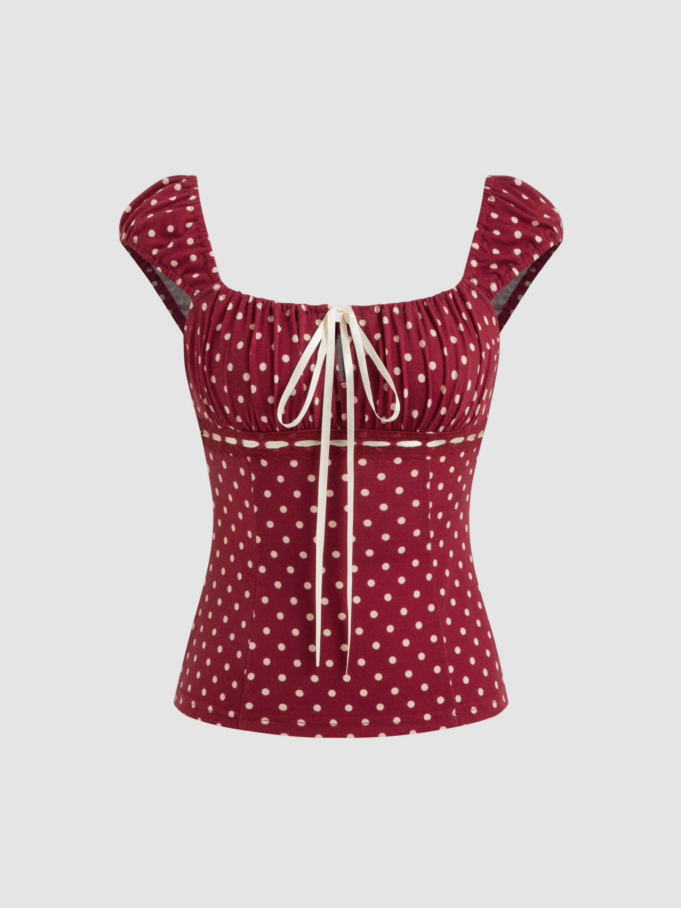 Knit Fabric Square Neck Polka Dot Knotted Short Sleeve Top For Daily Casual