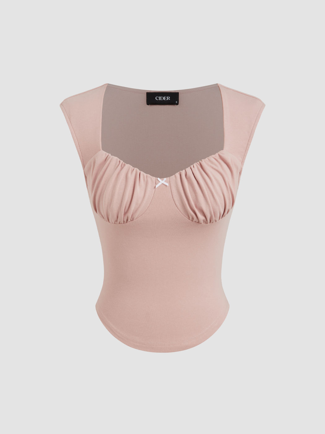 Cotton-blend Ruched Bowknot Curved Hem Tee