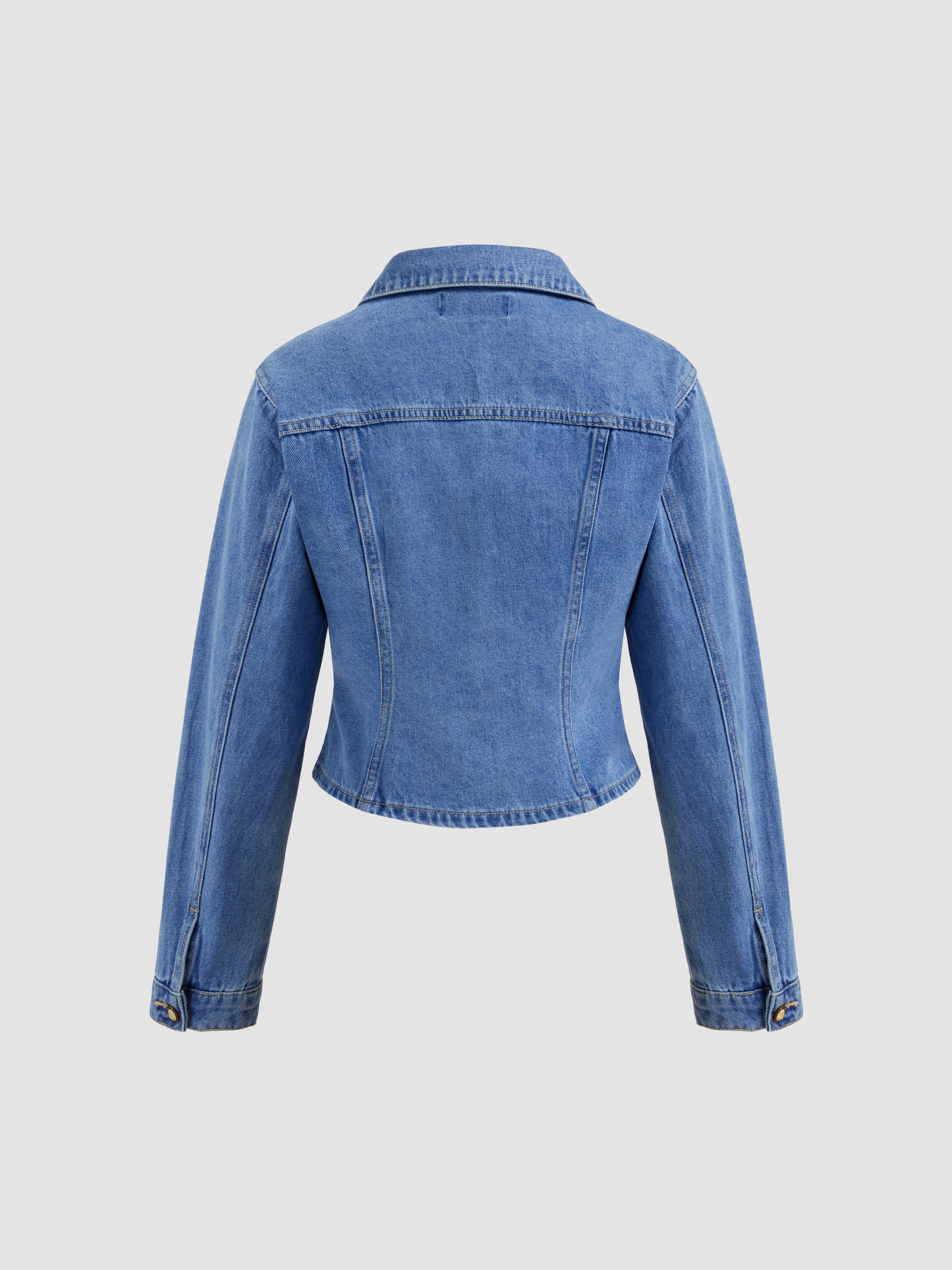 Denim Denim Collar Cinched Waist Jacket For Daily Casual
