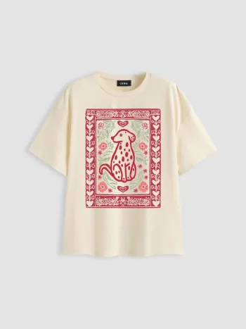 T-Shirt XXL en mélange de coton avec motif floral et dessin de chien