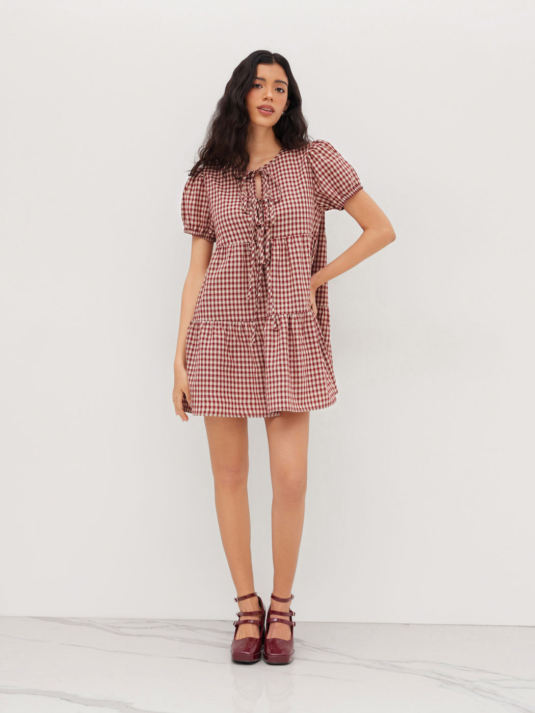 100% Baumwoll Gingham Mini-Kleid mit Binde und Ausschnitt