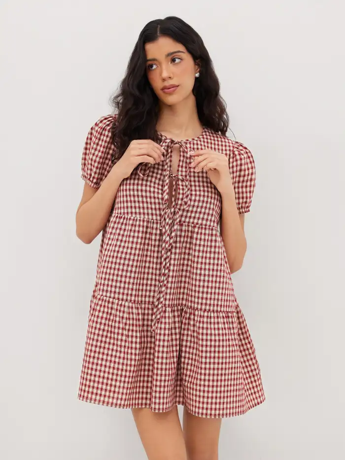 Woven 100% Cotton Gingham Tie Front Bow Cut Out Smock Mini Dress For Daily  Casual