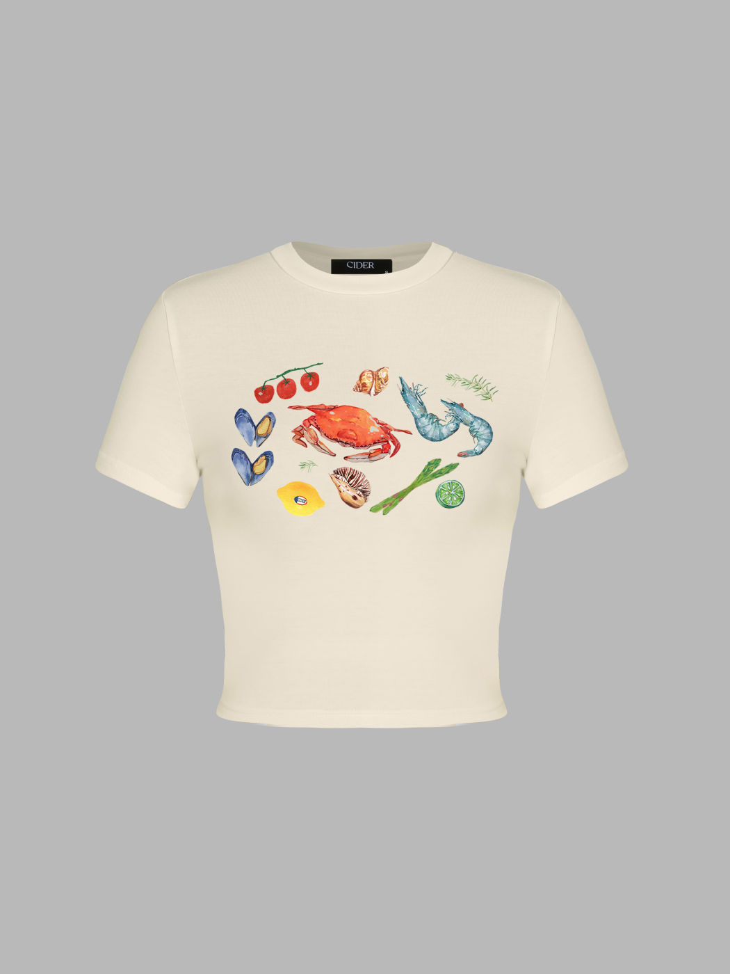 T-shirt grafica con frutti di mare e verdure
