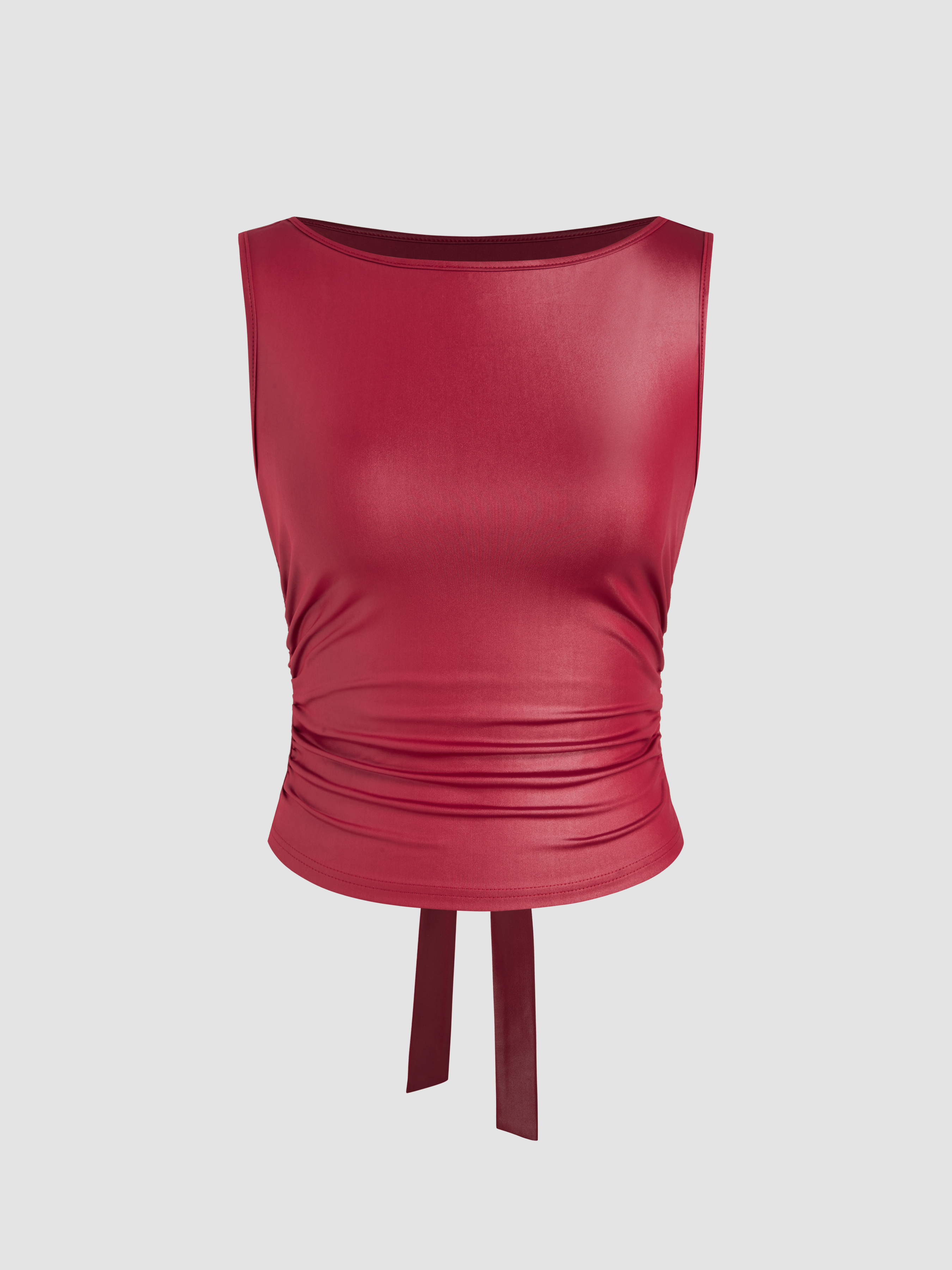 Boat Neck Ruched Tie Back Knotted Crop Tank Top