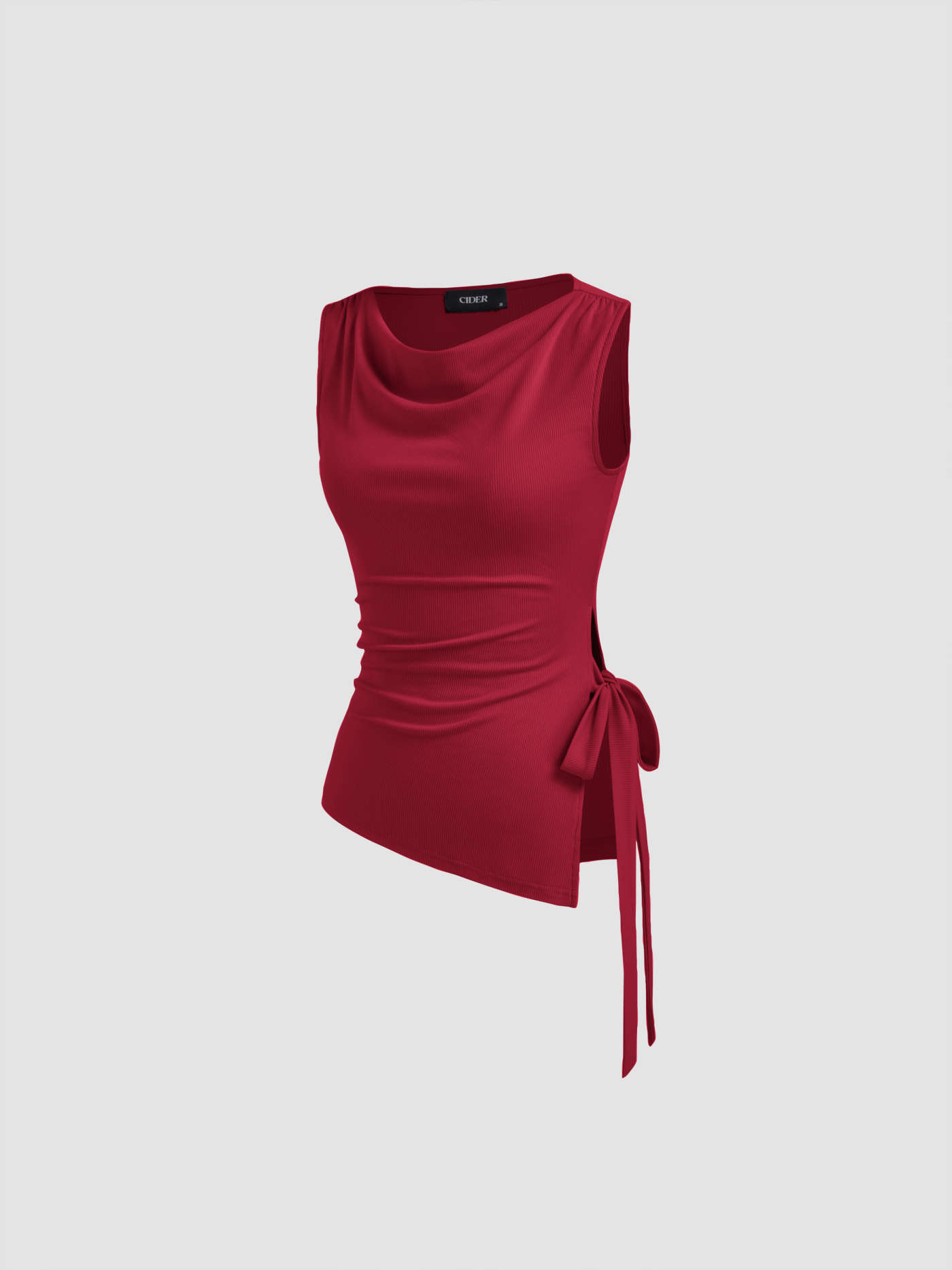 Knit Fabric Cowl Neck Ruched Split Knotted Asymmetrical Tank Top For Work