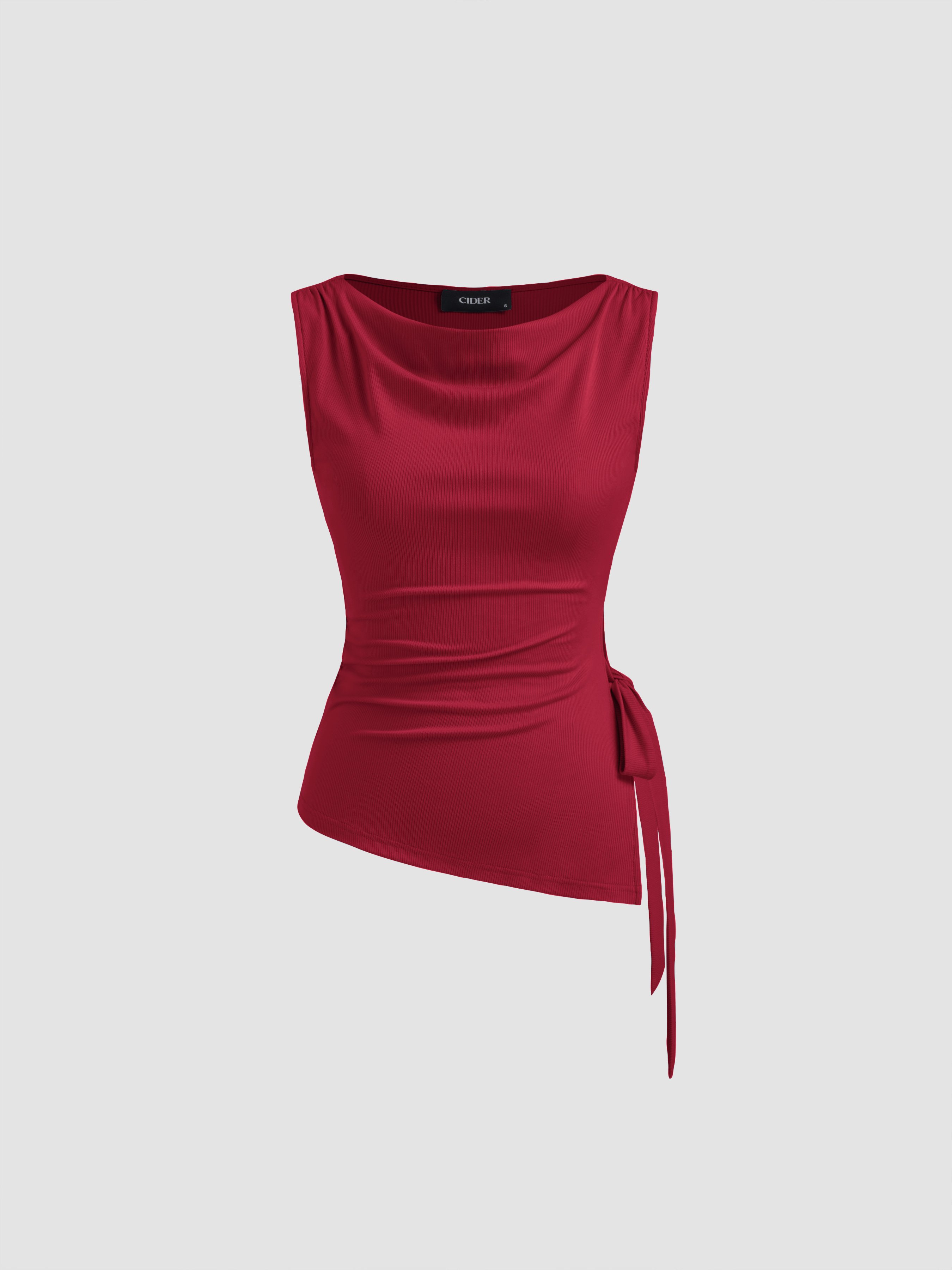 Knit Fabric Cowl Neck Ruched Split Knotted Asymmetrical Tank Top For Work