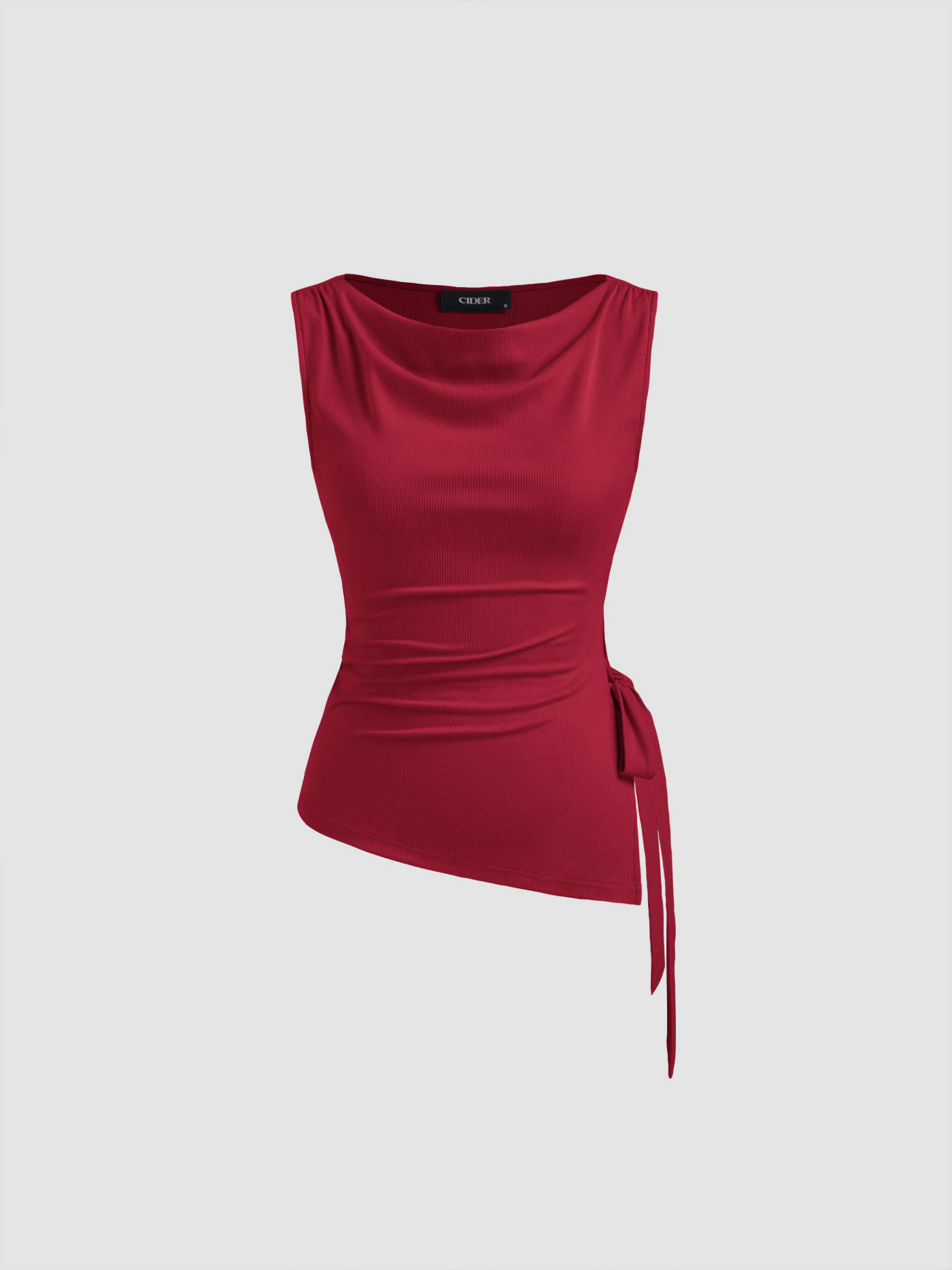 Knit Fabric Cowl Neck Ruched Split Knotted Asymmetrical Tank Top For Work