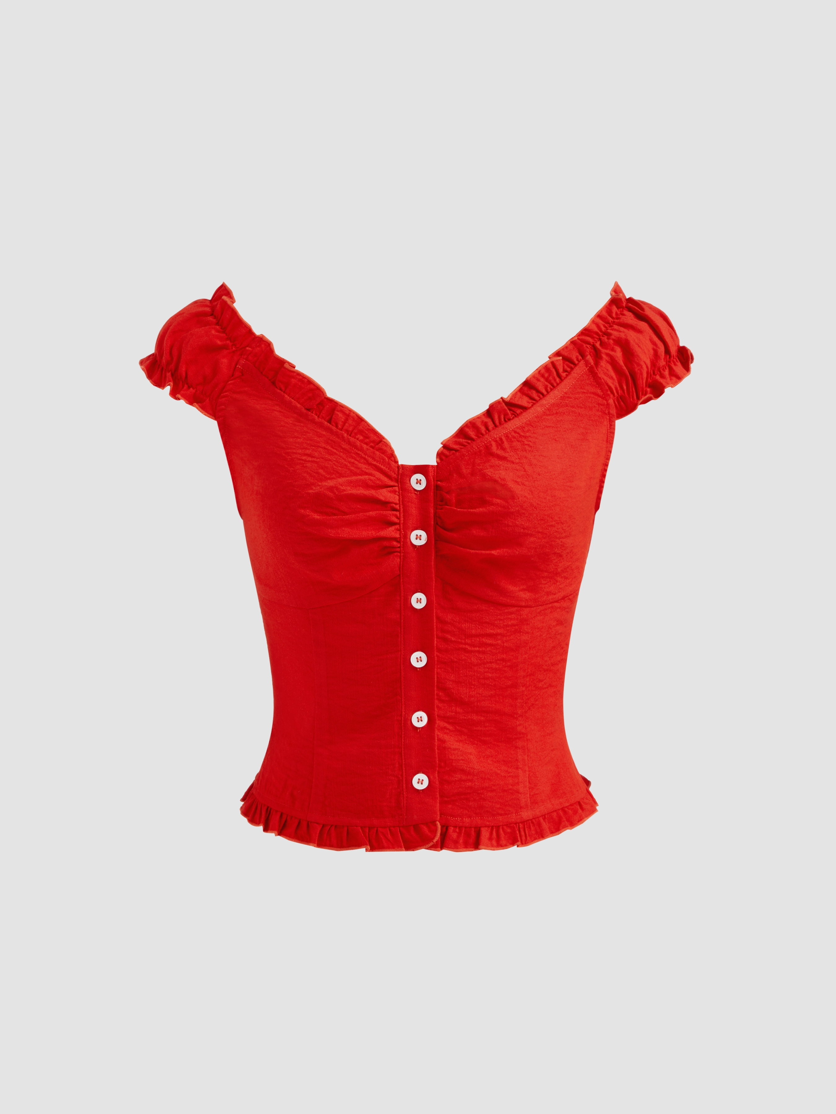 Woven Sweetheart Lettuce Trim Shirred Blouse For School