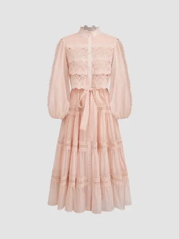 Chiffon High Neck Guipure Pearl Button Maxi Dress