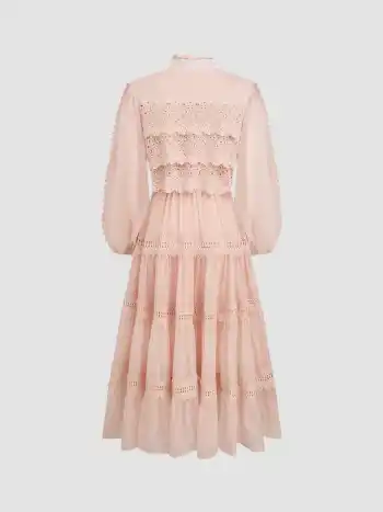 Chiffon High Neck Guipure Pearl Button Maxi Dress