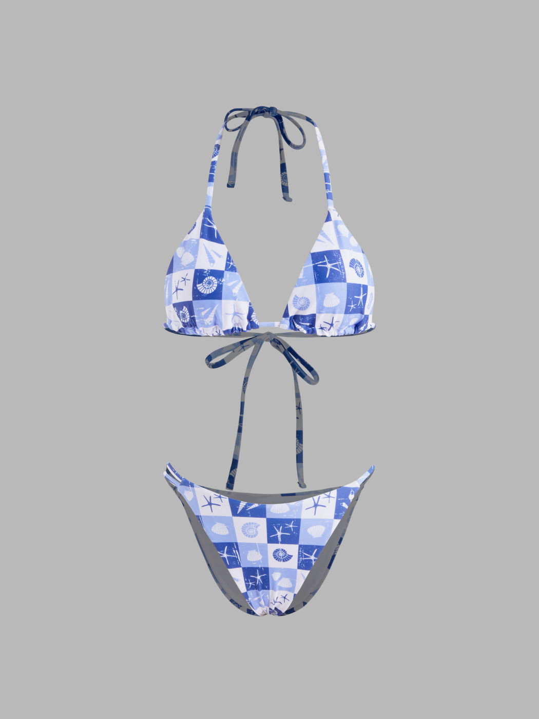 Halter Neckline Shell Check Knotted Triangle Bikini Set
