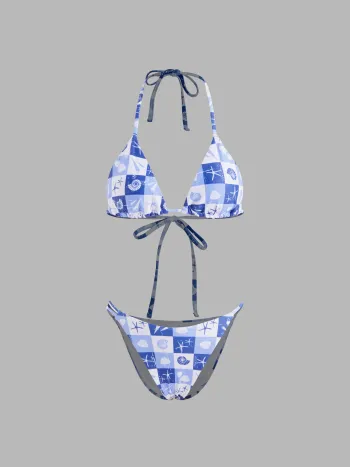 Set bikini a triangolo annodato con scollo all'americana e motivo a conchiglie