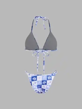 Set bikini a triangolo annodato con scollo all'americana e motivo a conchiglie