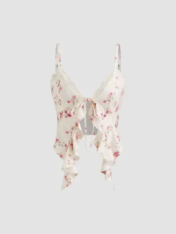V-Ausschnitt Blumenmuster Knoten Rüschensaum Camisole Oberteil
