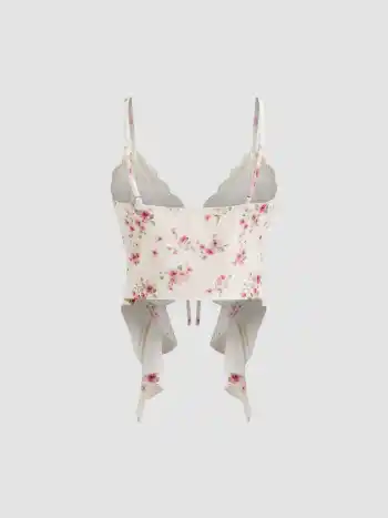 V-Ausschnitt Blumenmuster Knoten Rüschensaum Camisole Oberteil