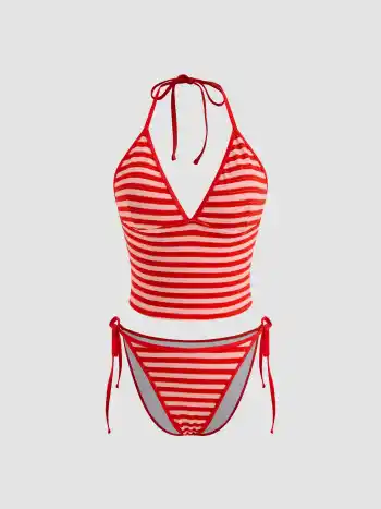 V-neck Stripe Knotted Tankini Bikini Set