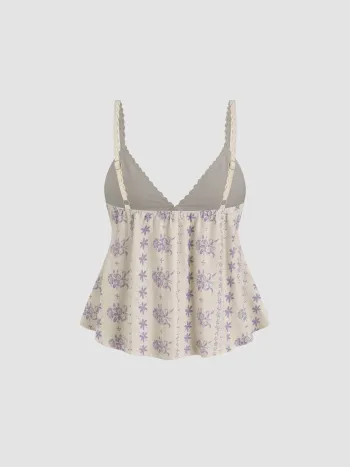 Linen-blend V-neck Floral Lace Trim Ruffle Tank Top