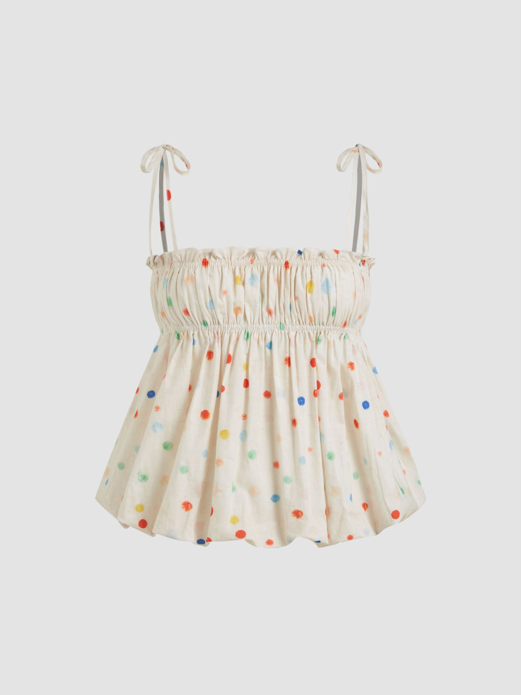 Top Cami con Orlo a Bolle e Volant con Stampa a Pois in Cotone