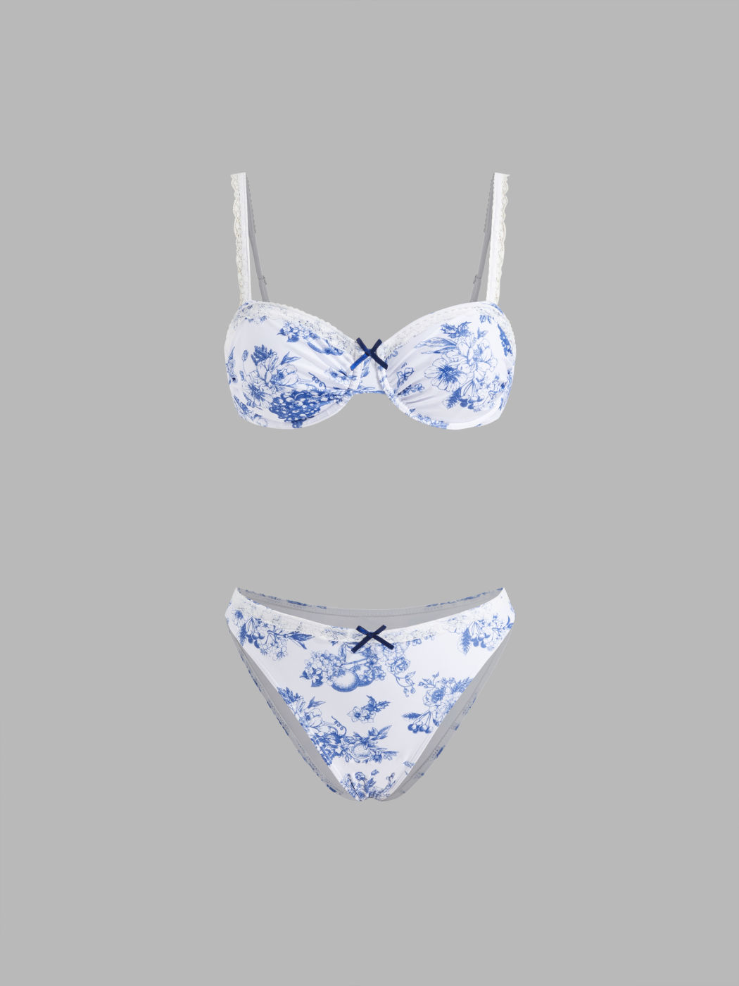 Sweetheart Floral Bowknot Lace Trim Underwire Cheeky Bikini Set