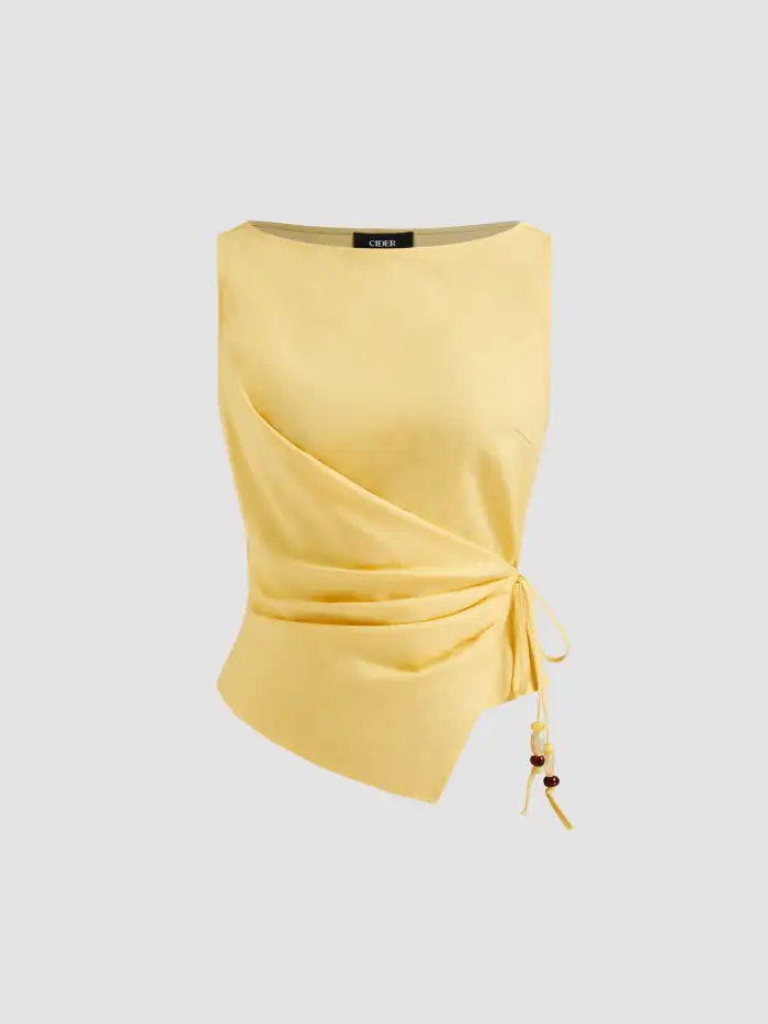 Stand Collar Texture Ruched Knotted Tank Top