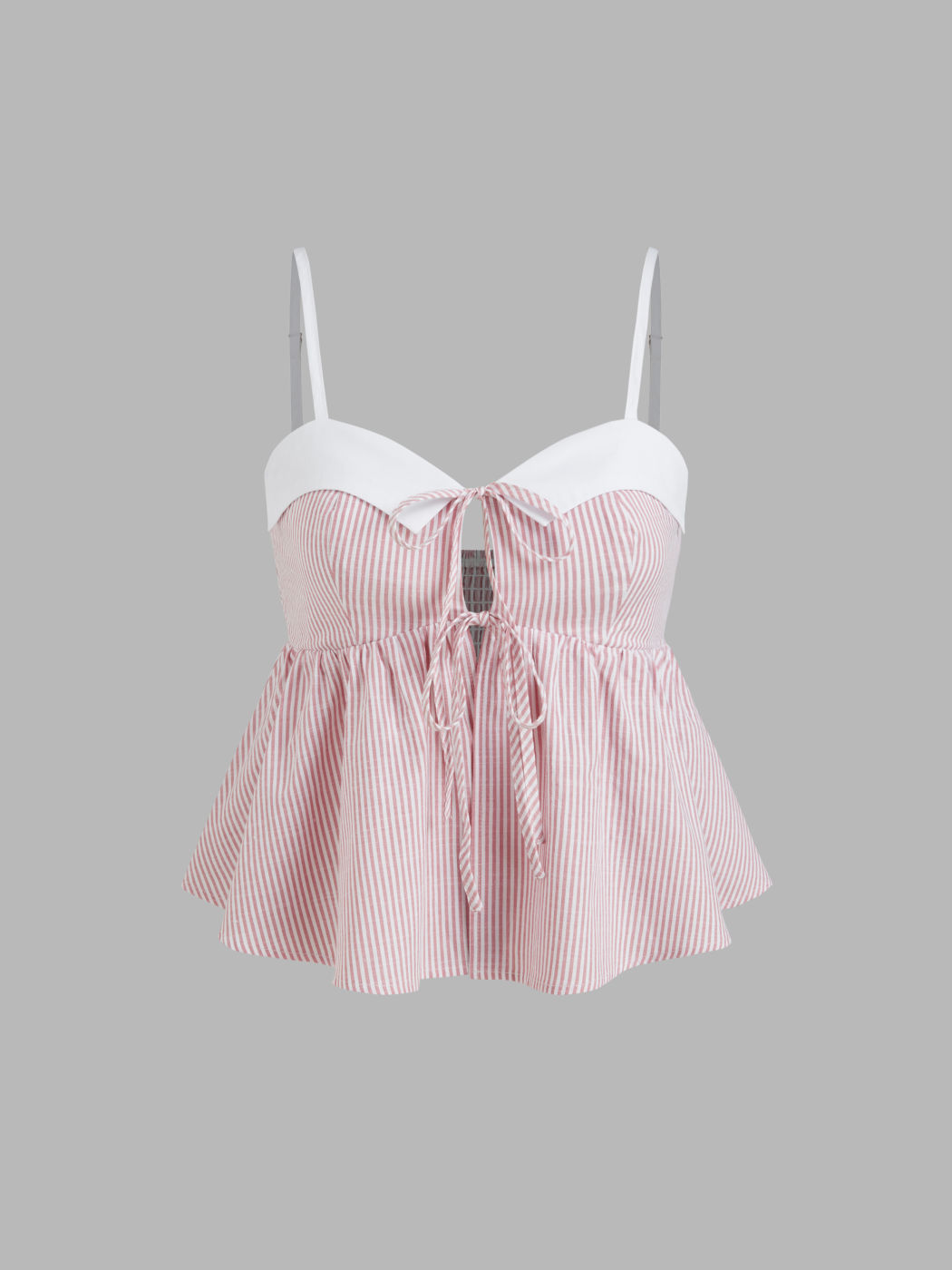 Cotton-blend Stripe Tie Front Shirred Crop Cami Top