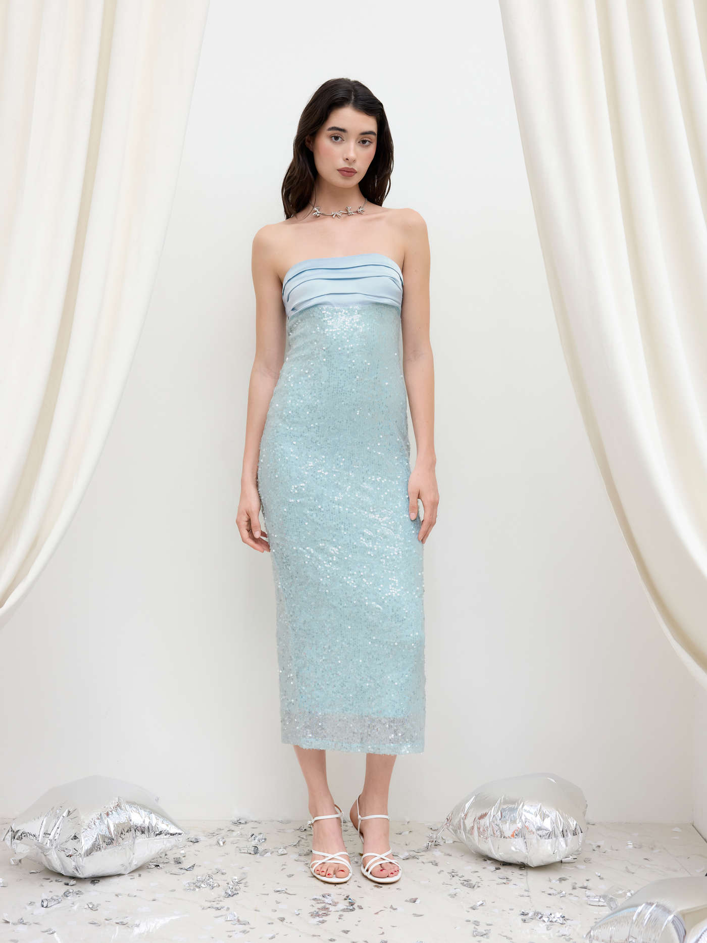 Satin Cowl Neck 3D Floral Ruched Mermaid Maxi Dress
