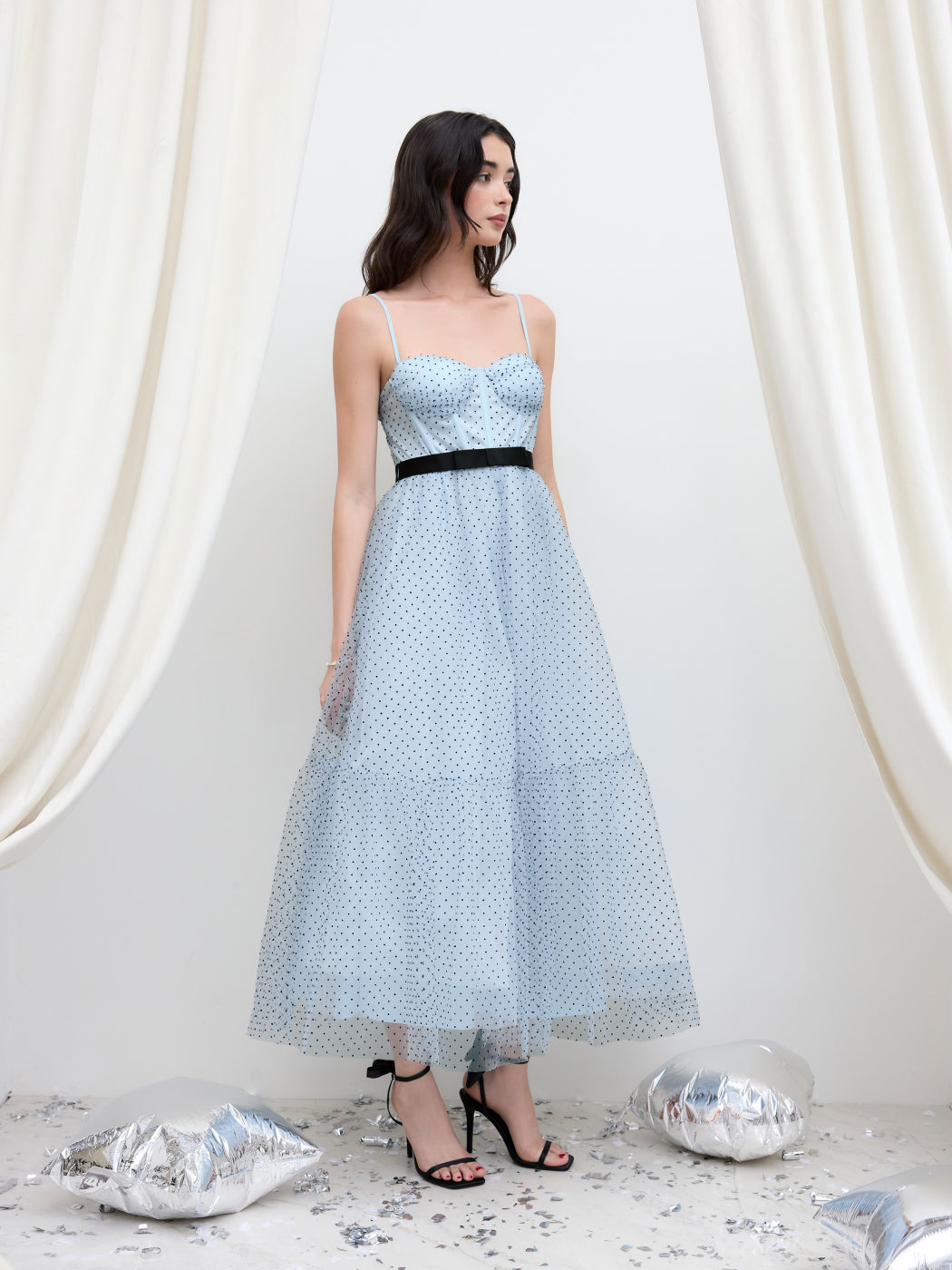 Tulle Polka Dot Corset Bowknot Maxi Dress
