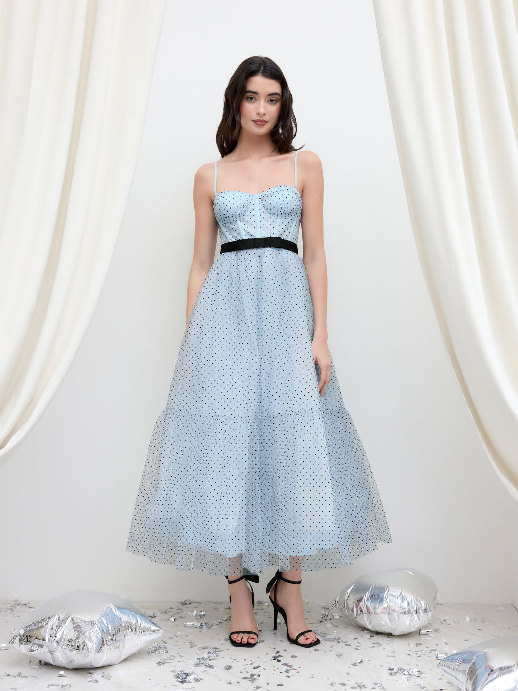 Tulle Polka Dot Corset Bowknot Maxi Dress