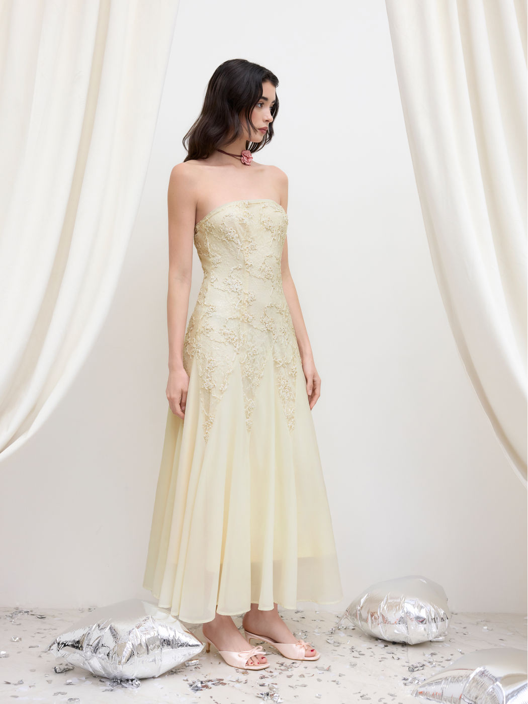 Lace Floral Bandeau Ruffle Maxi Dress