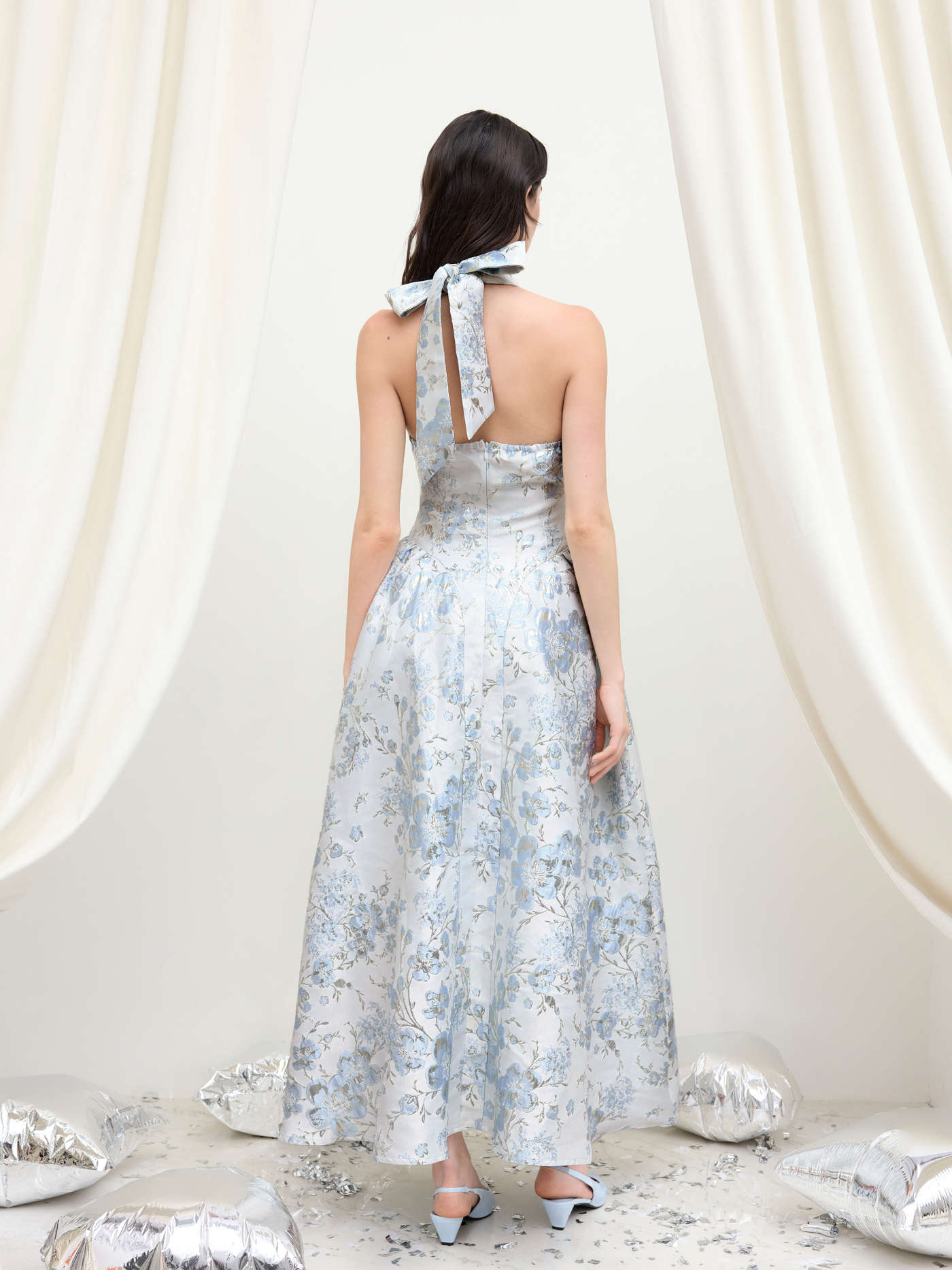 Jacquard Halter Neckline Floral Maxi Dress