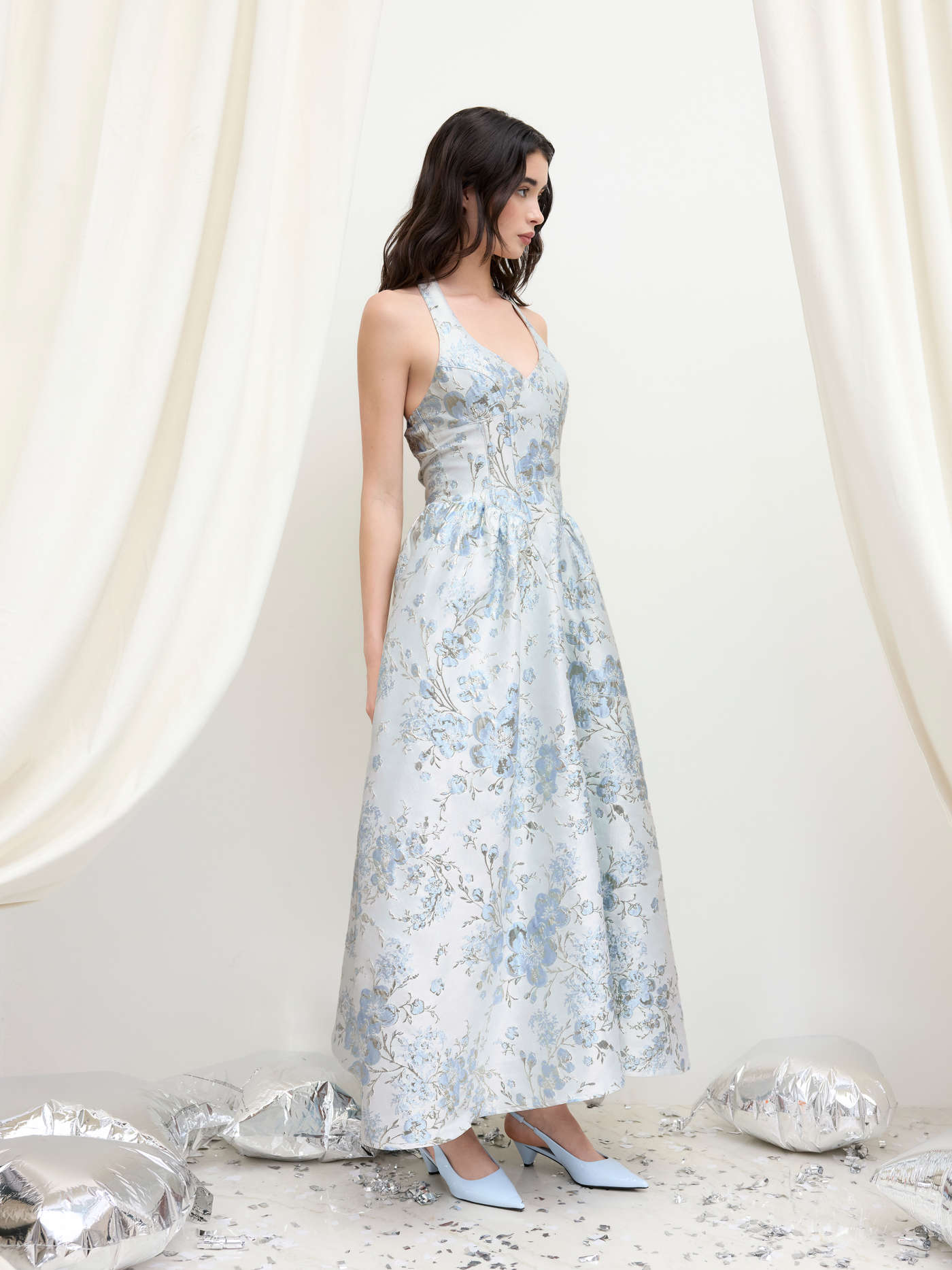 Jacquard Halter Neckline Floral Maxi Dress