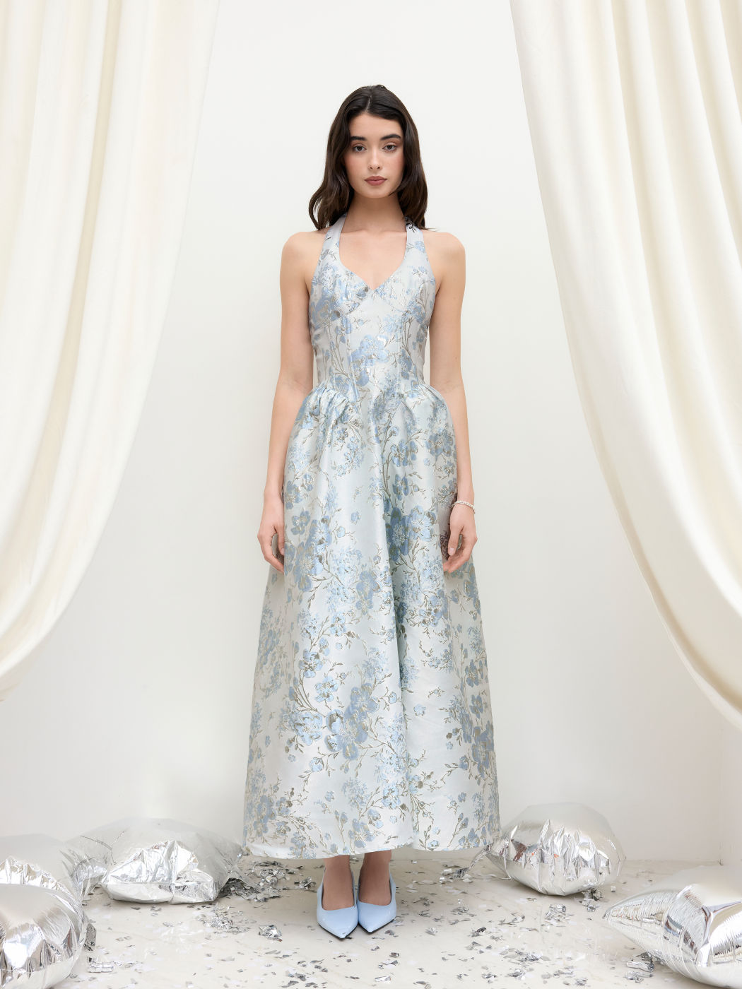 Jacquard Halter Neckline Floral Maxi Dress