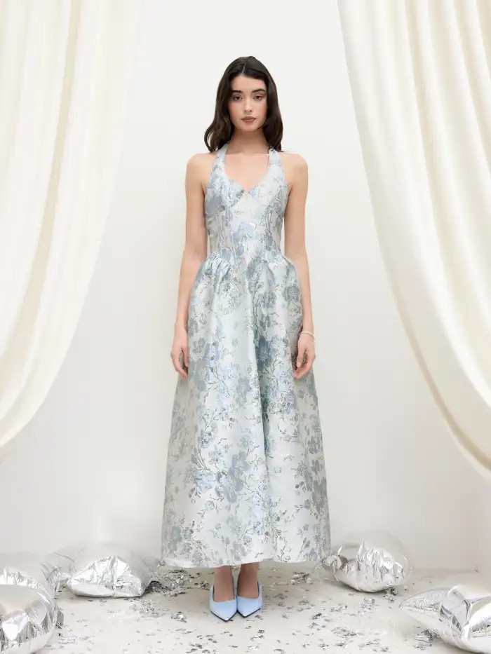 slim fit dress slacks Maya Copper Rose Floral Jacquard Halter Neck Maxi Dress – Maya Deluxe