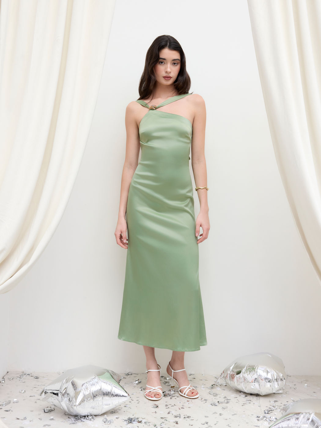 Satin Backless Buckle Bowknot Maxi Dress