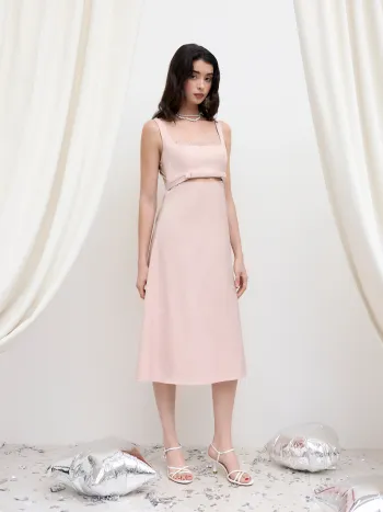 Linen-blend Boat Neck Bowknot Ruffle Midi Dress