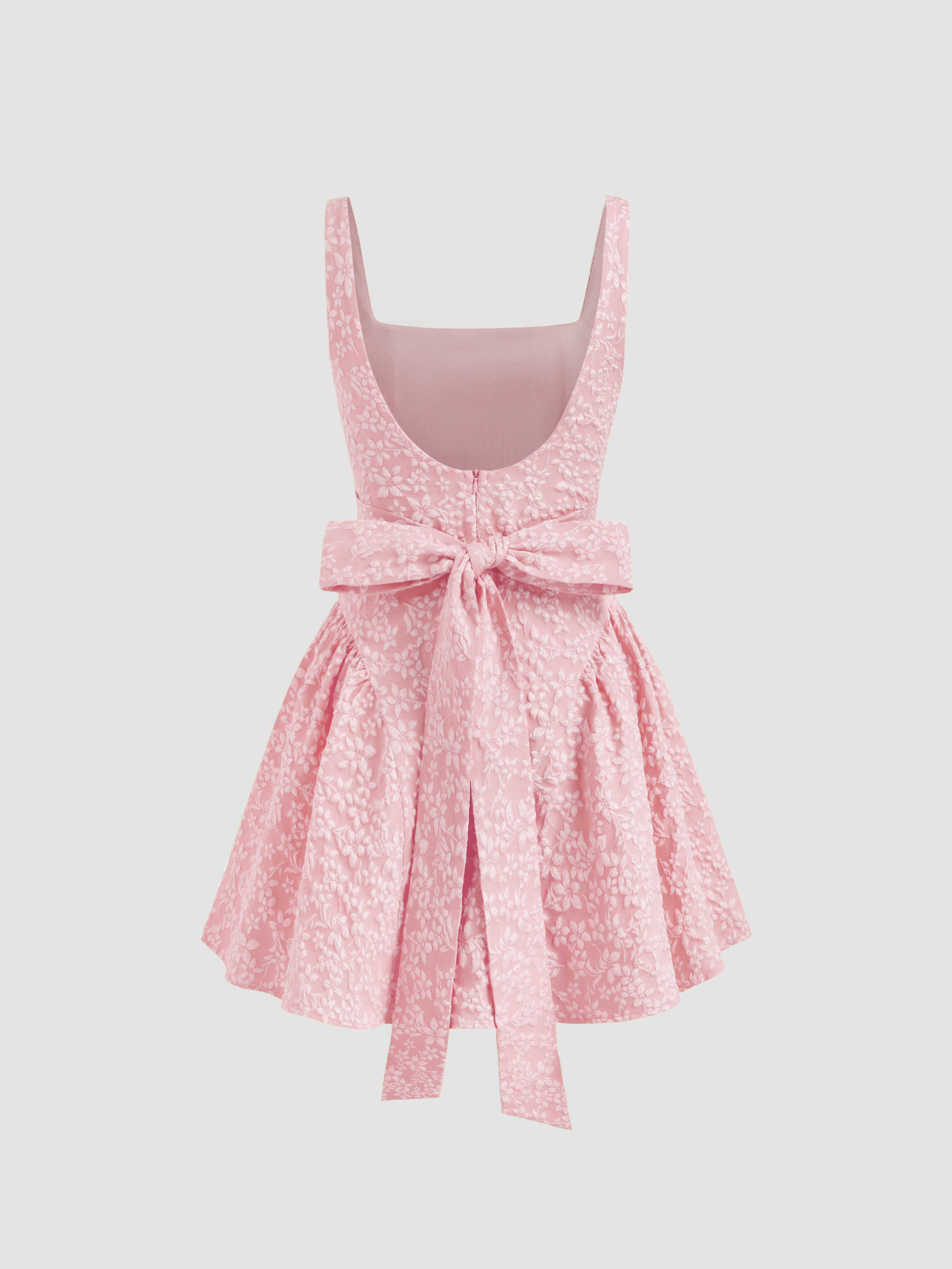 ◆Cider◆ジャカードUネック花柄バックレス蝶結びミニドレス ジャカード ジャカードUネック花柄バックレス蝶結びミニドレス