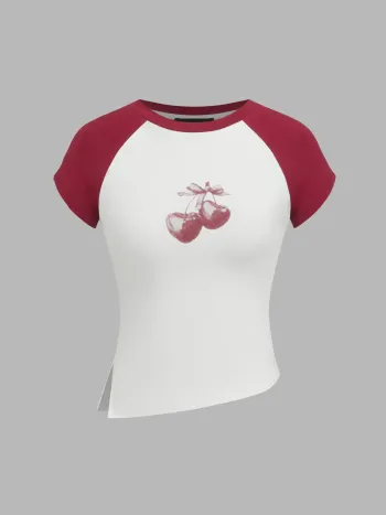 Baumwollmischung Kirschgrafik Split Raglan Ärmel T-Shirt
