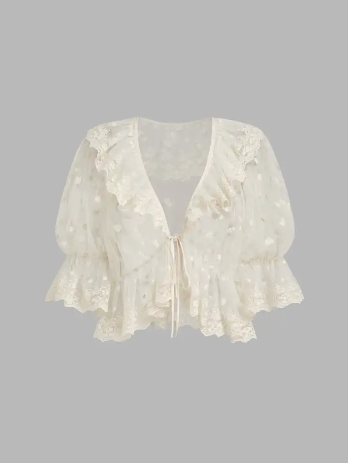 Linen-blend V-neck Embroidery Lace Trim Tie Front Crop Blouse