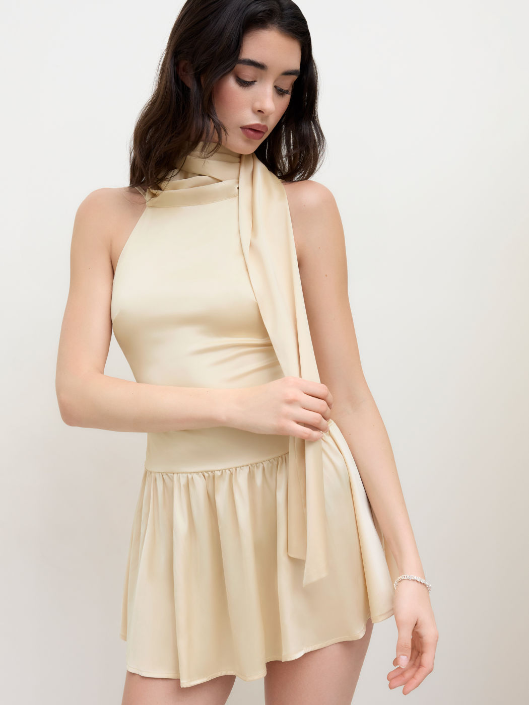 Satin Halter Neckline Ruffle Hem Mini Dress With Scarf
