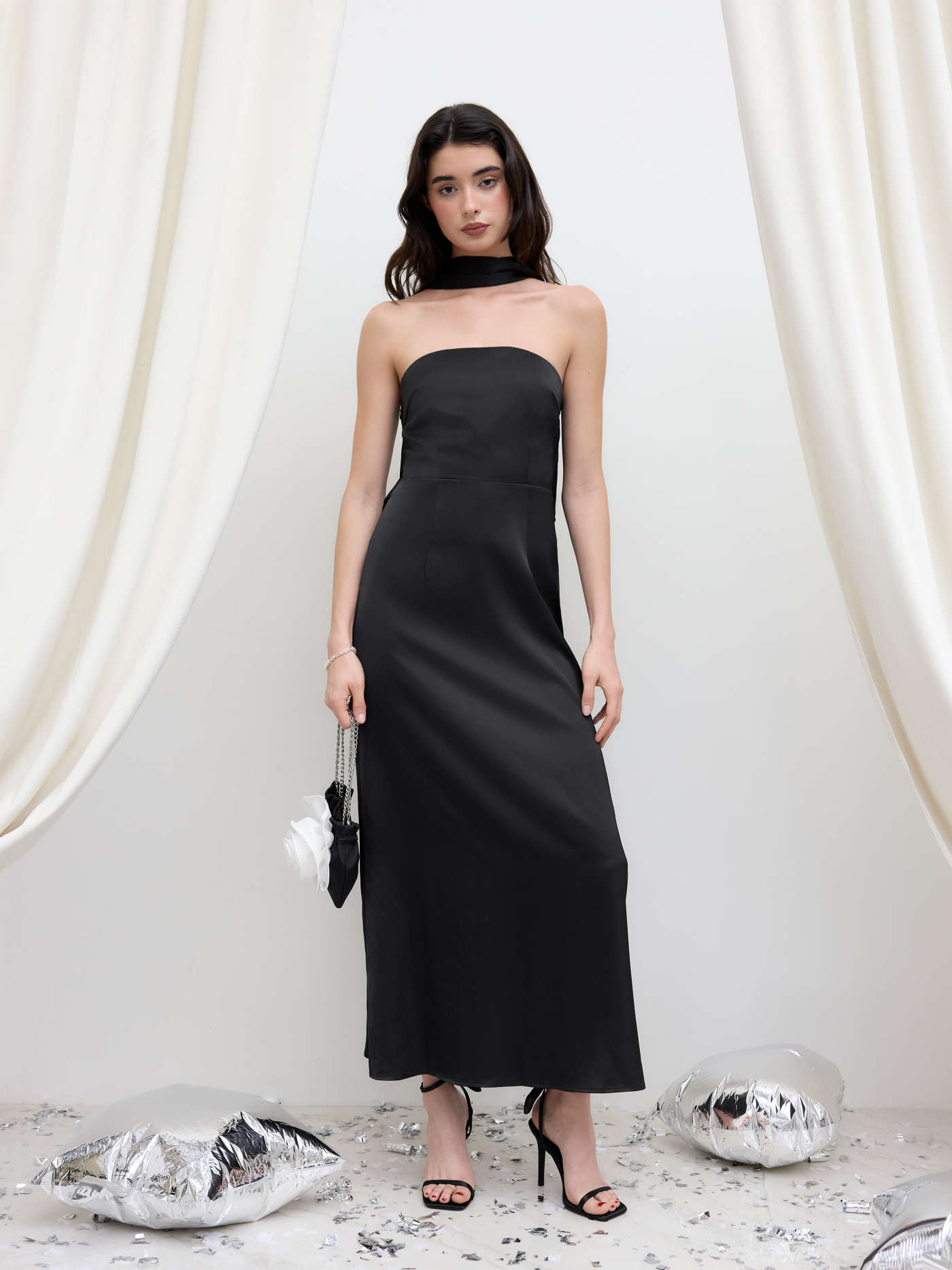 Satin Cowl Neck Solid Ruffle Hem Maxi Dress