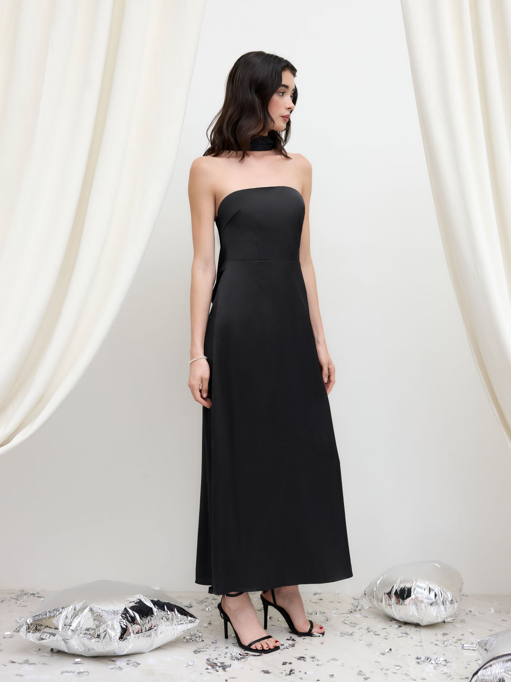 Satin Halter Neckline Bandeau Maxi Dress