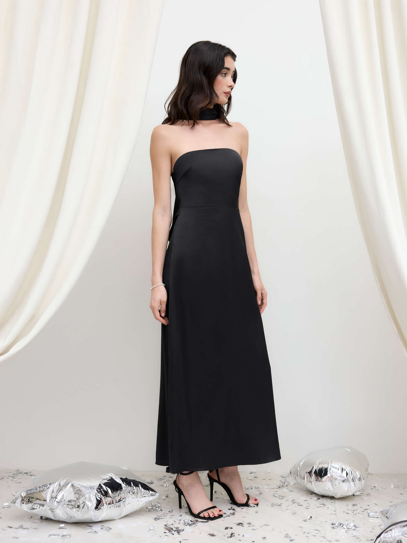 Satin Cowl Neck Solid Ruffle Hem Maxi Dress