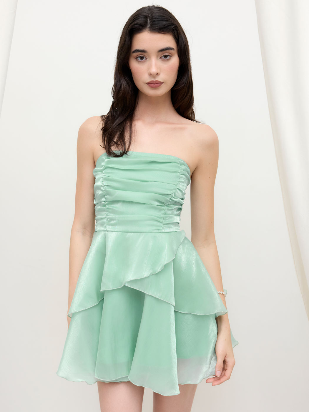 Ruffle Hem Ruched Bandeau Mini Dress