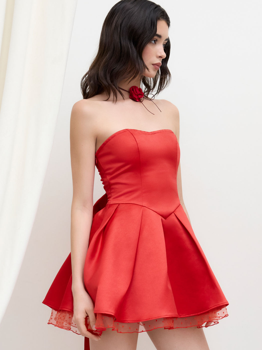 Satin Pleated Bowknot Lace Trim Mini Dress