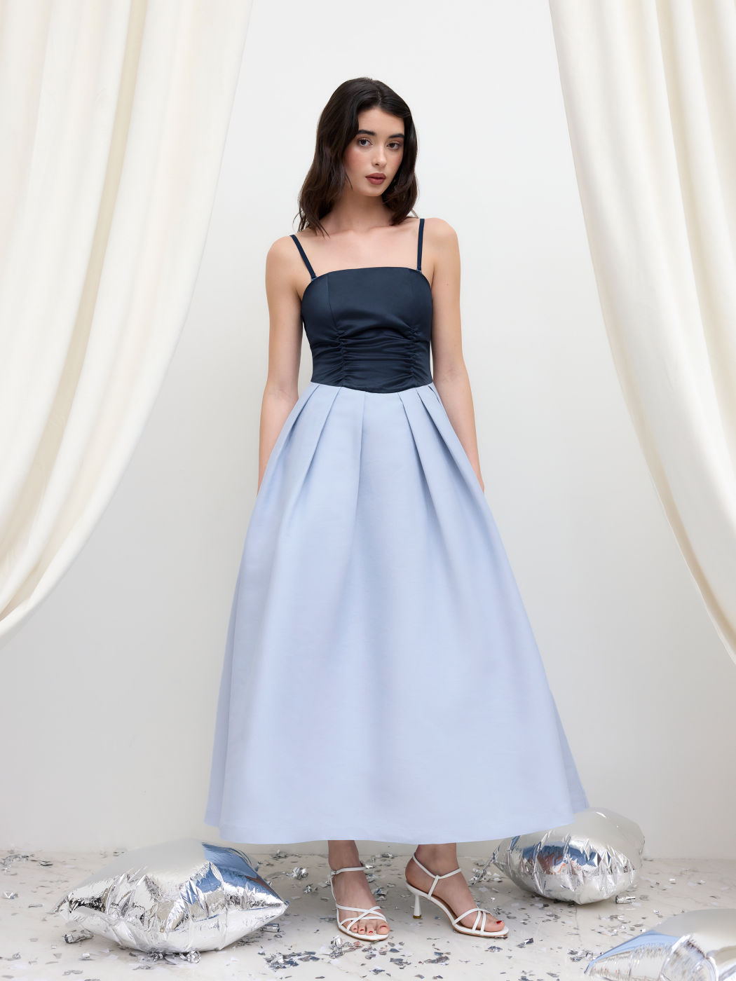 Satin Pleated Ruched Two Tone Maxi Dress With Removable Shoulder Straps