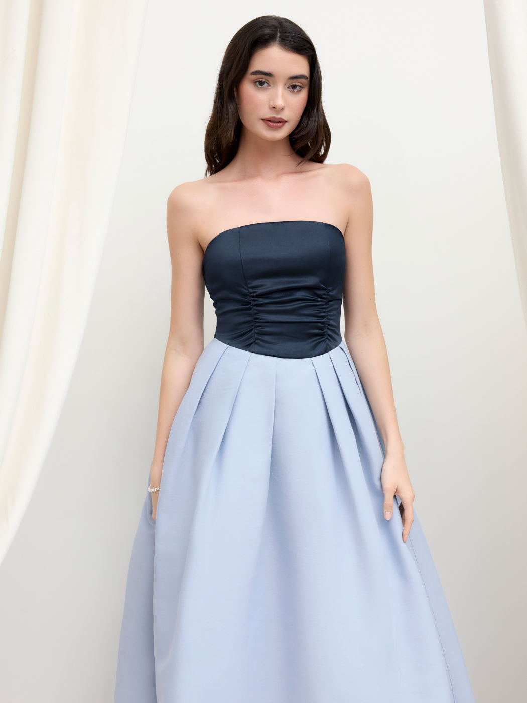 Satin Pleated Ruched Two Tone Maxi Dress With Removable Shoulder Straps